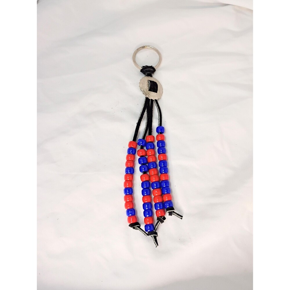 Vintage Red and Blue Beaded Keychain with Small Round Conch